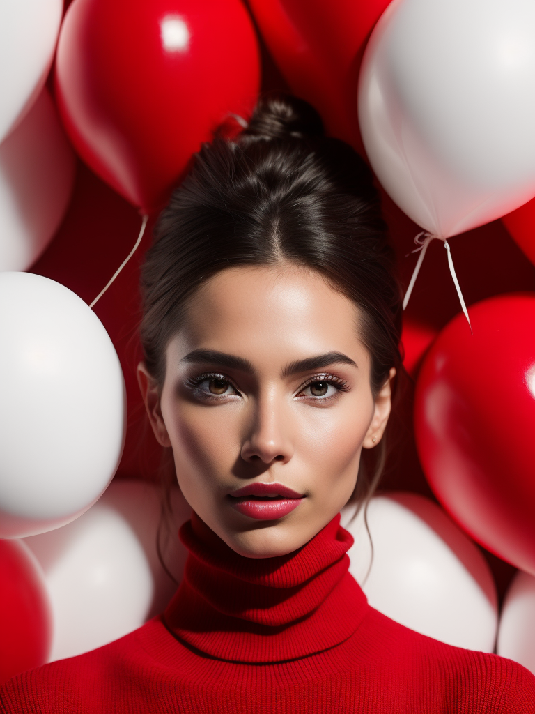 a cinematic fashion portrait photo of beautiful young woman from the 60s wearing a red turtleneck standing in the middle of a ton of white balloons, dramatic lighting, taken on a hasselblad medium format camera