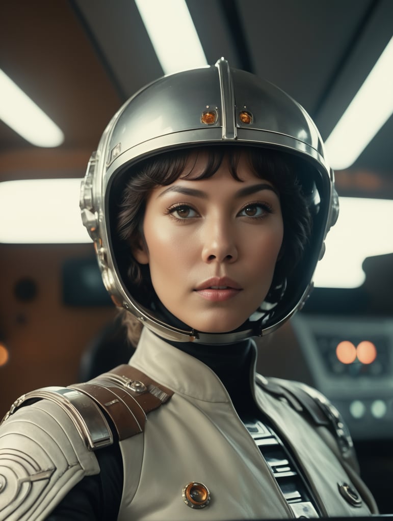 as a female cyborg, 70's sci fi, film grab, retrofuturistic, she's piloting a spaceship, 50mm, wide shot, fully body shot, Kodachrome, 1977, visible film grain