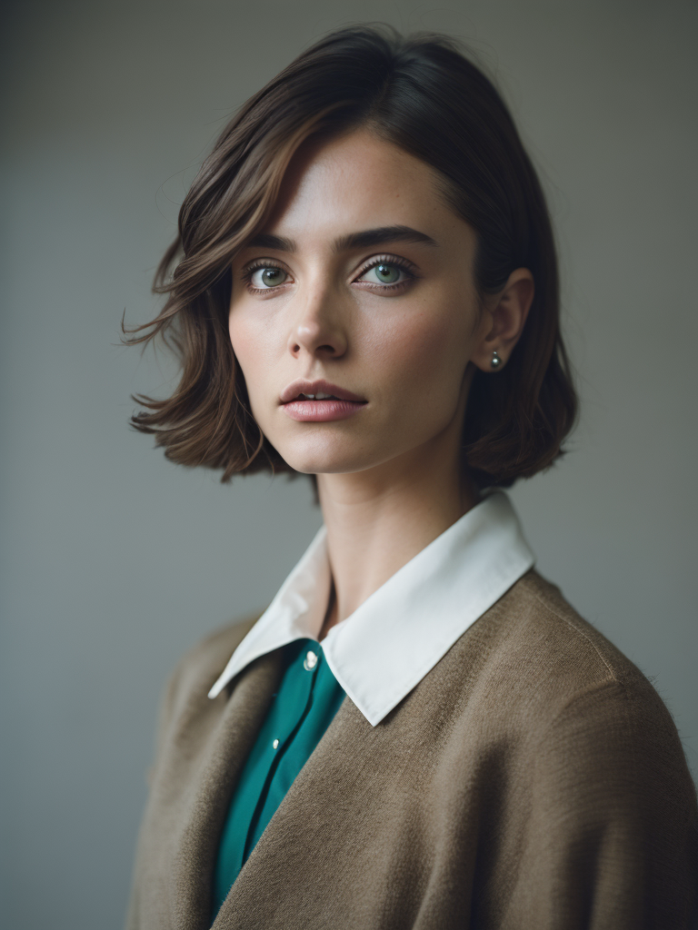 portrait of twenty years old girl with green eyes, Portrait to the waist, sweater tight-fitting figure, 1964 year, sixties, 1960's haircut, Britain culture, light and pastel colours, 8k, kodak film colour, 35mm lens