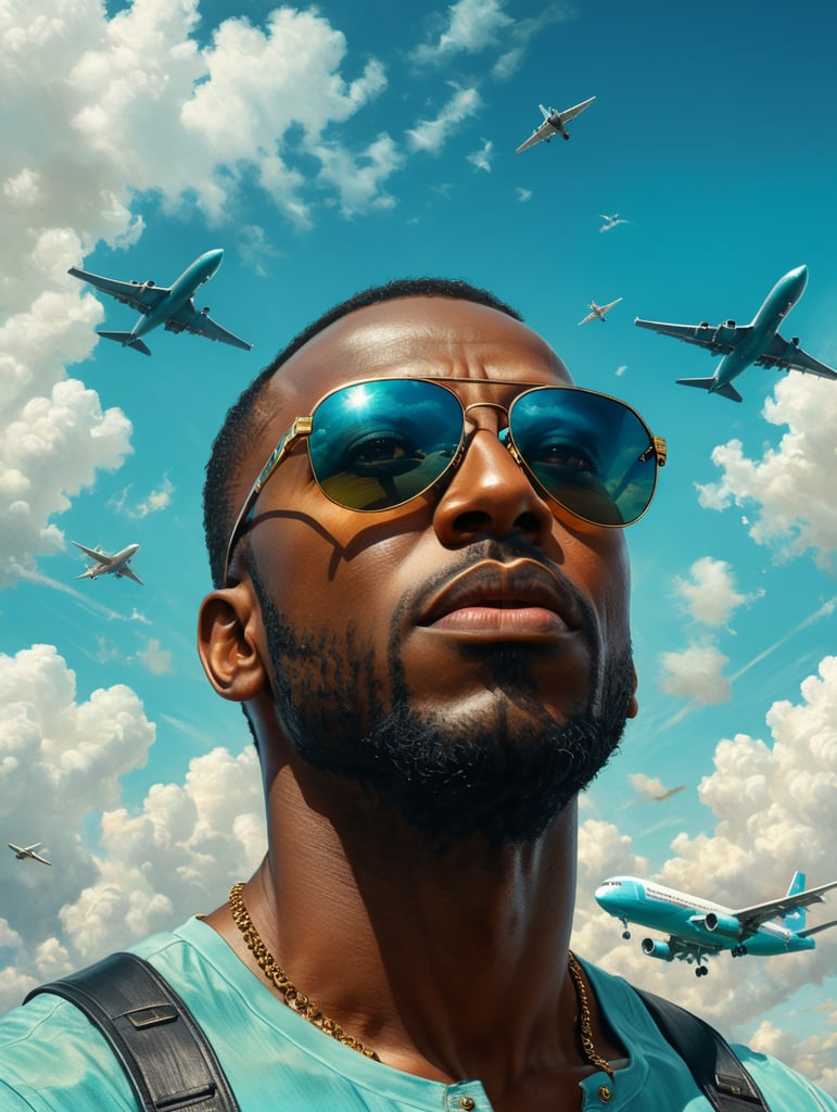 a black man raised his head up, looks at the sky, sunglasses, one airplane flies in a clear sky and leaves a mark, summer, turquoise shades, style of Richard Corben