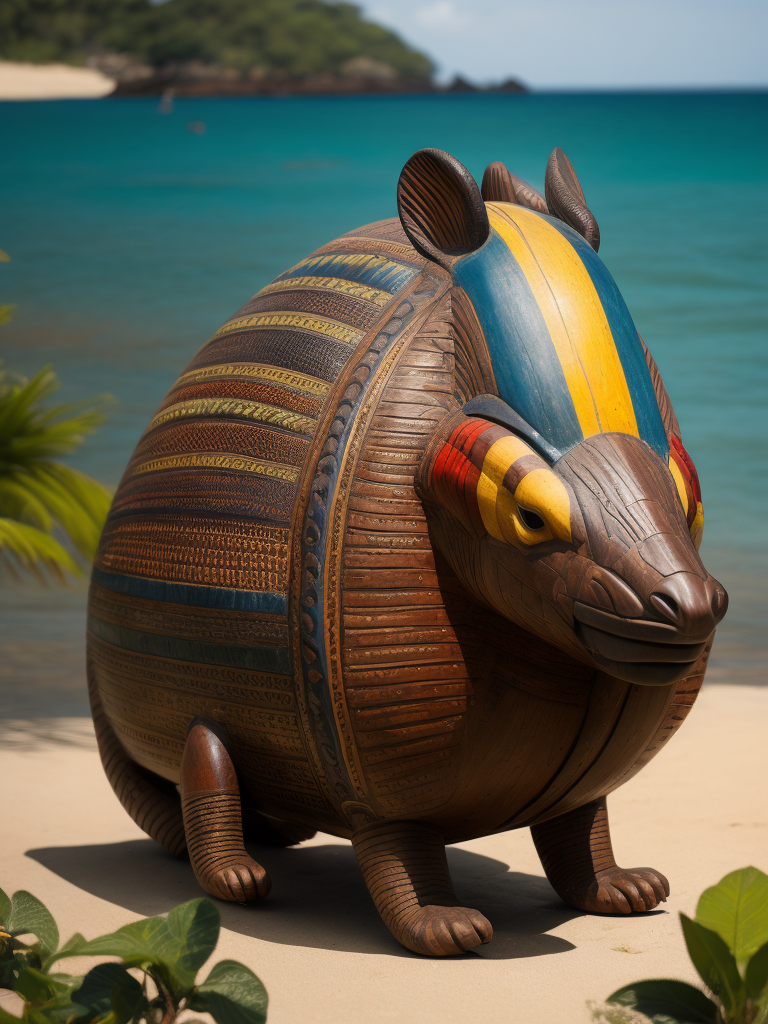 ilustración fullcolor de artesanía precolombina colombiana tallada en madera que parece un armadillo junto con un mar de maracas de madera