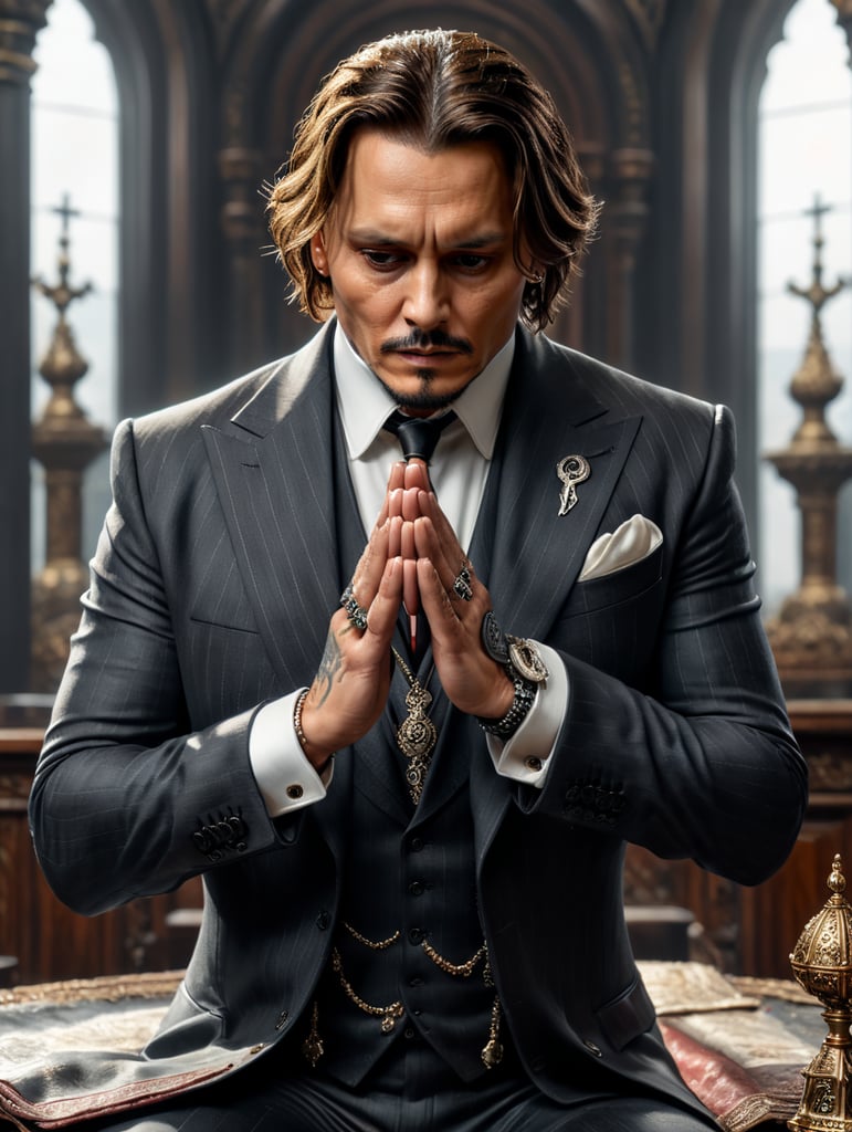 Johnny Depp - manager, suit, hands in prayer, without background, white background