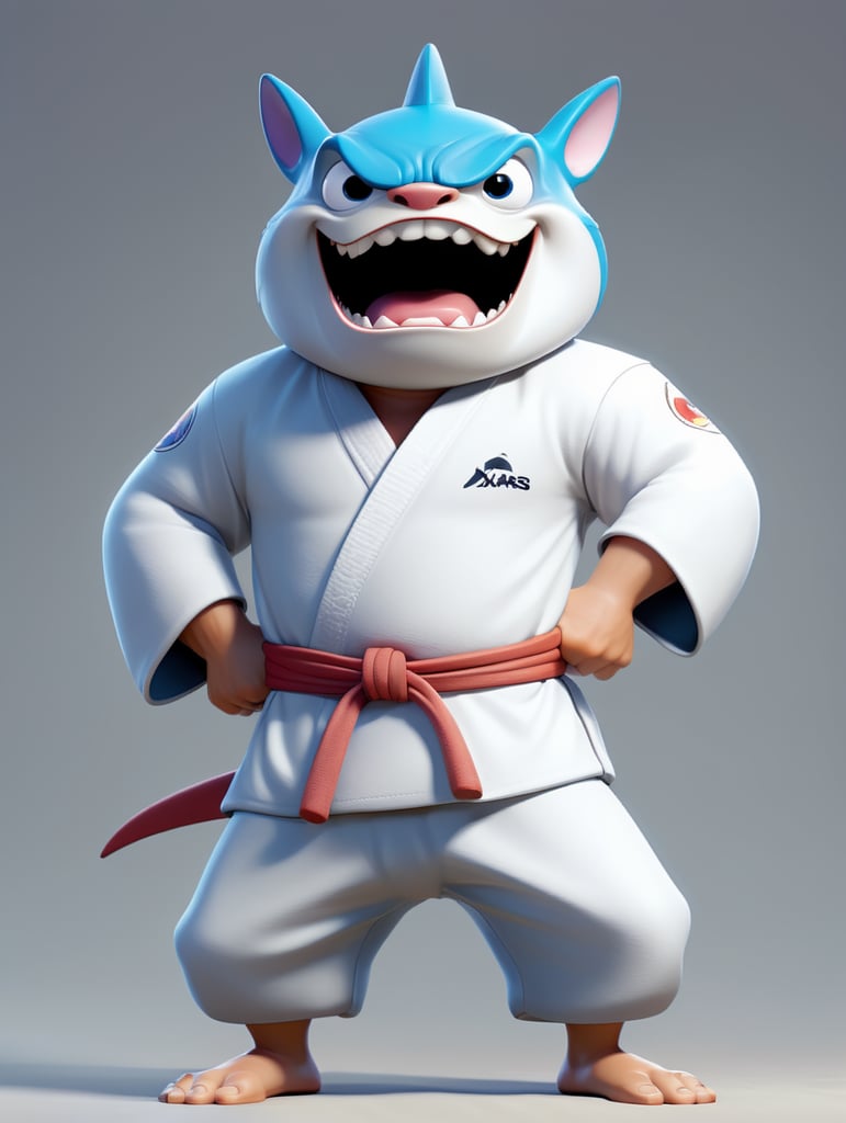 humanoid cartoon shark in judo kimono stay in action pose and angry face