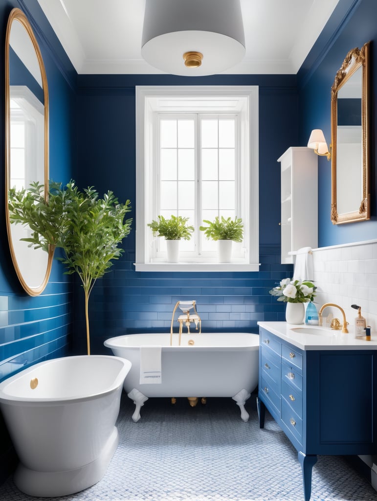 interior, bathroom in a victorian architectural style, clean modern design featuring blue and white color scheme, beautiful light