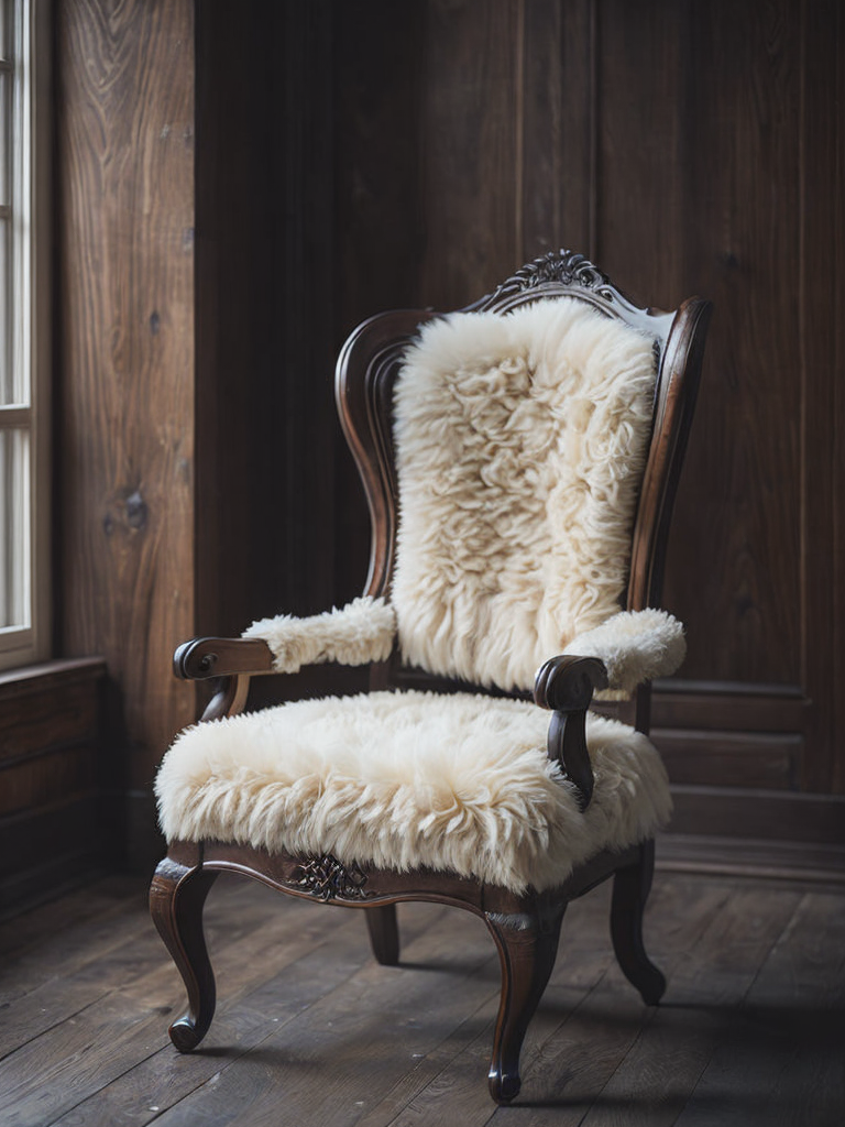 a wood carved chair with sheepskin, wood carved sheep head, wood carved sheep legs, dark wood, cinematic shot