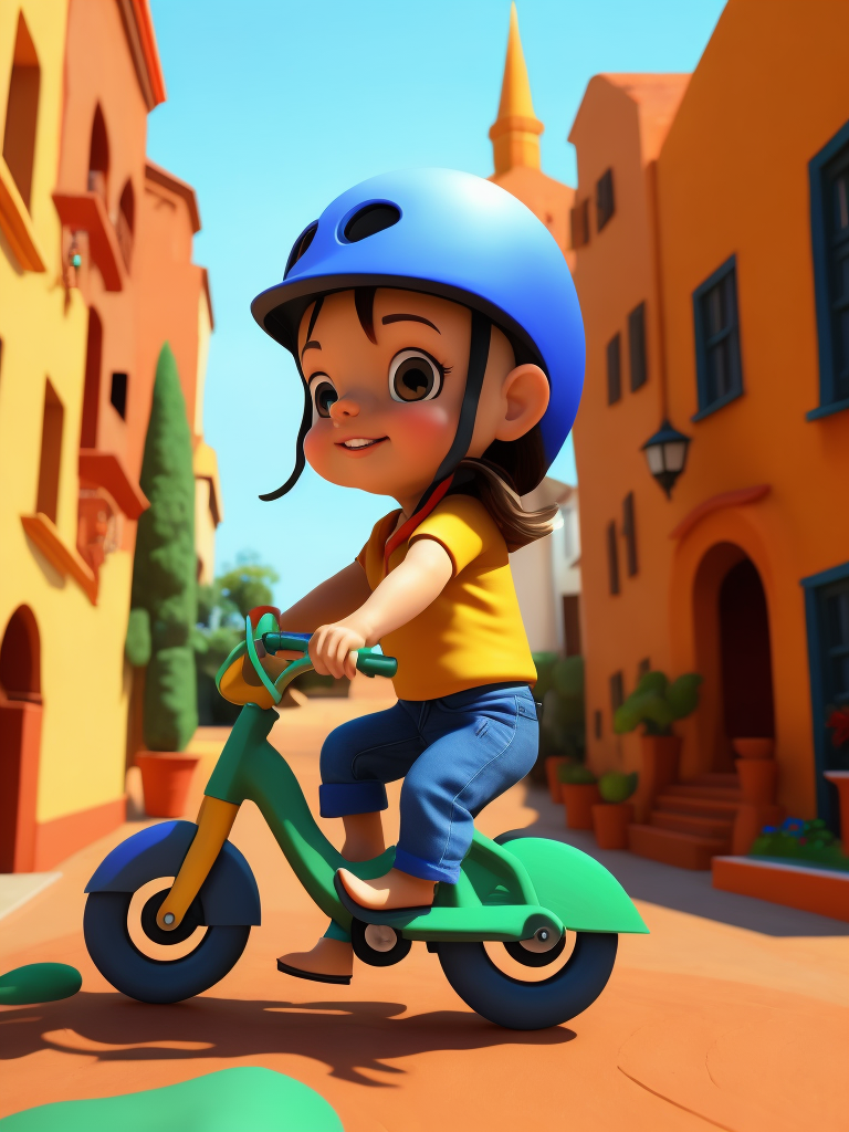 a cute little girl riding on a bike through colorful clay city, 3D Clay Animation