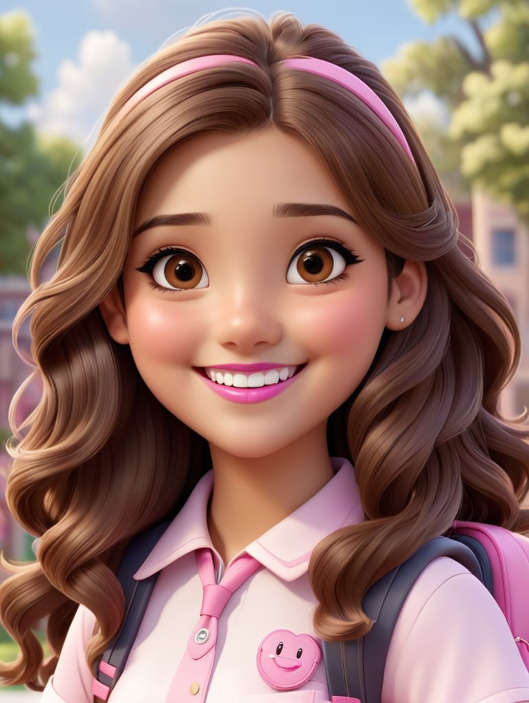 Menina de cabelos castanhos longos e ondulados, pele clara, olhos castanhos, sorriso feliz, com uniforme escolar , batom rosa e blush com mochila rosa e caderno na mão