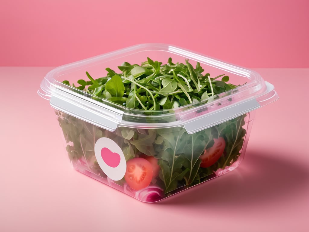 blank Transparent Plastic Container with Arugula Salad, isolated, pink background, Mockup, mock up