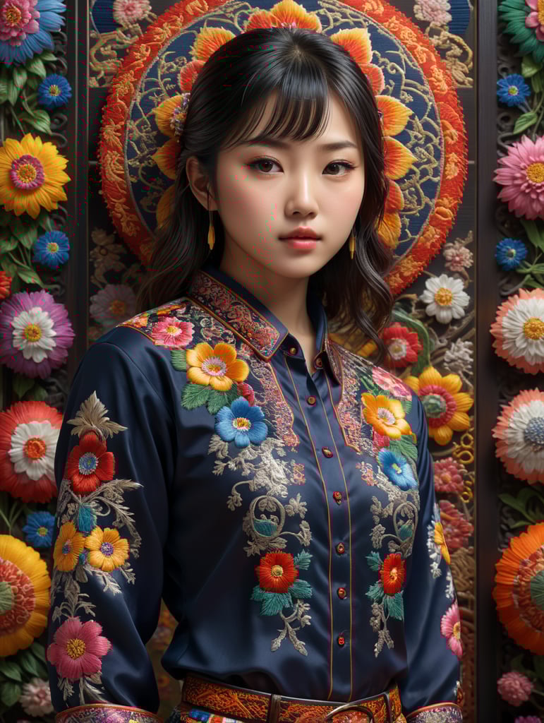 A young Japanese girl stands proudly in his traditional embroidered shirt, surrounded by vibrant colors and intricate patterns. The 8K Ultra HD resolution captures every detail of his outfit, from the delicate stitching to the rich textures. With the use of octane render, this 3D image comes to life in a stunning isometric view.