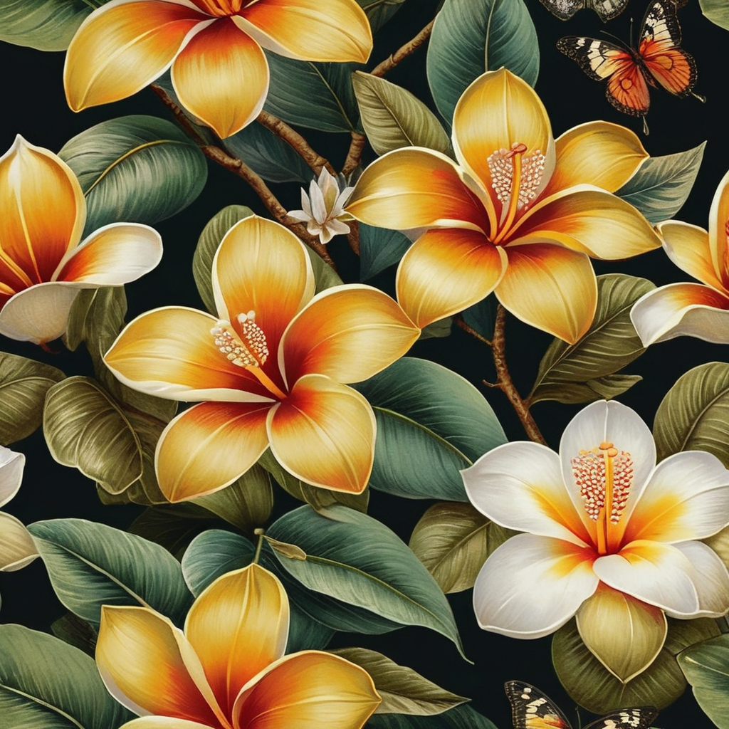 Oriental luxury floral patterns in the style of Balinese and Peranakan culture::1 trailing blousy Frangipani blooms::1.25 fabric [1 butterfly flying on a tree, Frangipani, botanical mango leaves, oriental floral] prints::5 opulent florals with an Indienne twist::olive colour:1 ostentatious feminity::1 repeating seamless pattern::4 patternbank::1 wide angle::2::flemish baroque::rococo --no watermark, text --v 4