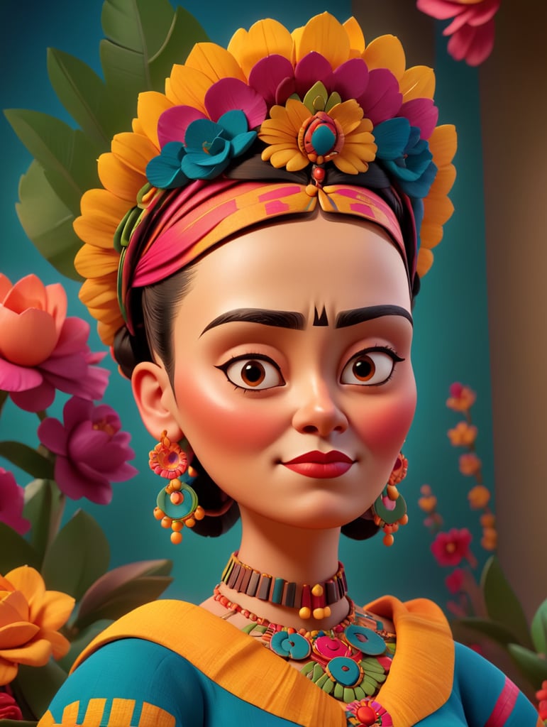 Portrait of Frida Kahlo, bright and saturated colors, elegant, highly detailed, vogue, fashion magazine, sharp focus, bright expressive makeup, dramatic lighting, depth of field, incredibly high detailed, blurred background