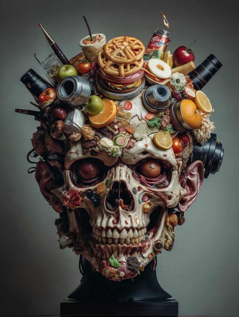 The anatomy of a zoombie head made of junk food, an ultrafine detailed painting by james jean, octopath traveler, behance contest winner, vanitas, angular, altermodern, surreal
