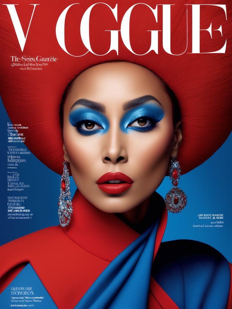 Vogue cover, Donyale luna, avant-garde, simplygo, photoshoot spread, dressed in all red, blue background, harpers bizarre, cover, headshot, hyper realistic
