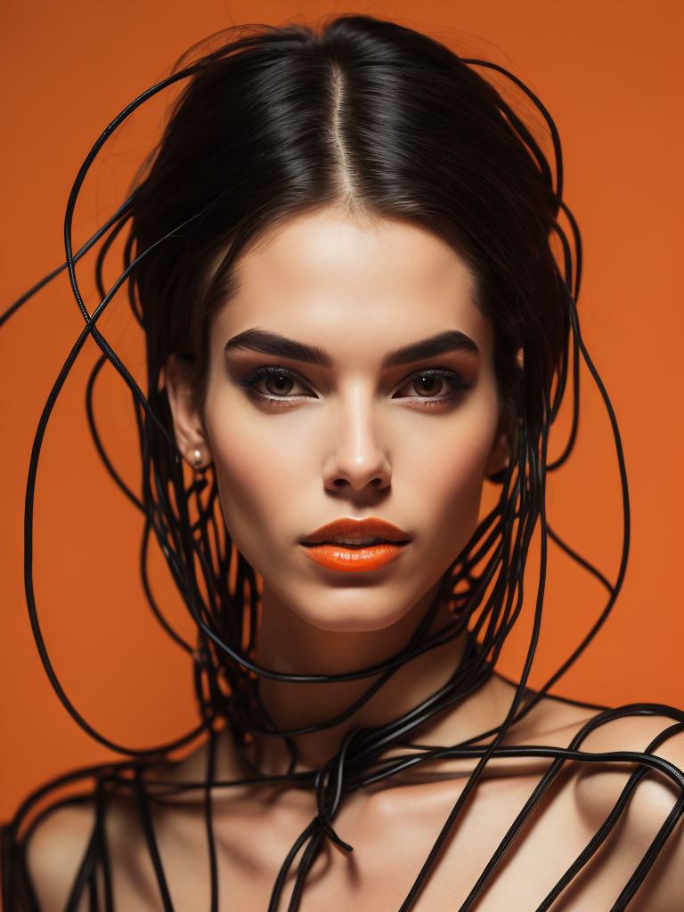a fashion studio photo of a woman dressed in a black dress made of electrical wires, perfectly lit, solid orange background, Vivid saturated colors, Contrast color, studio photo, professional photo, Rich colors, Detailed image, detailed face