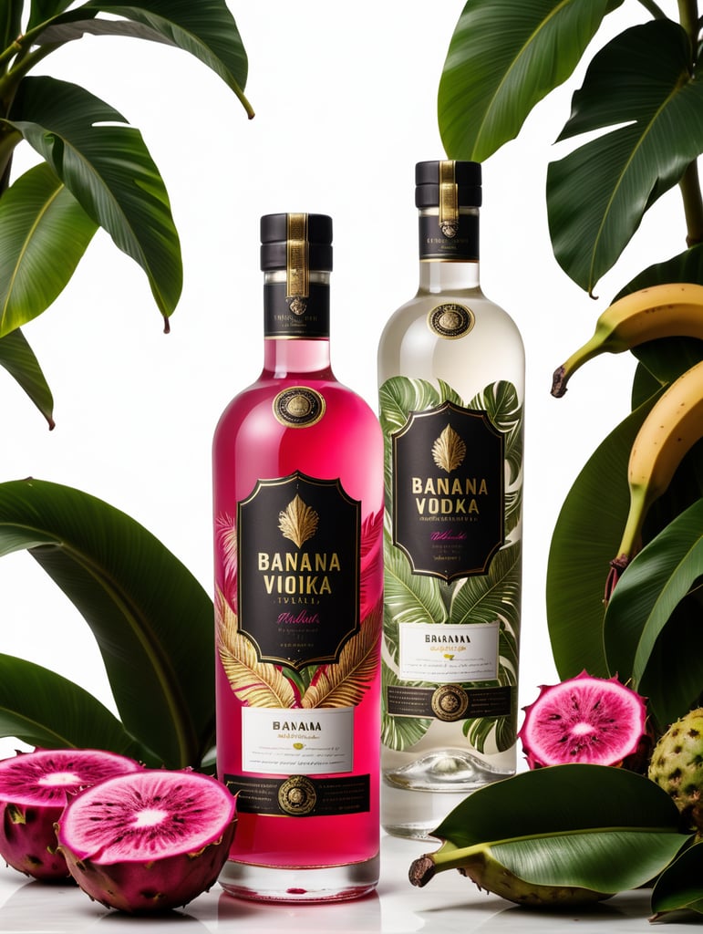 Packaging and branding for a banana vodka brand as if it had been designed by HI ESTUDIO with In a set design with banana, dragon fruit and dry banana leaves.