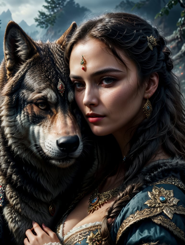 Portrait of a Beautiful women from Russian fairytale wearing traditional costume hugging a wolf