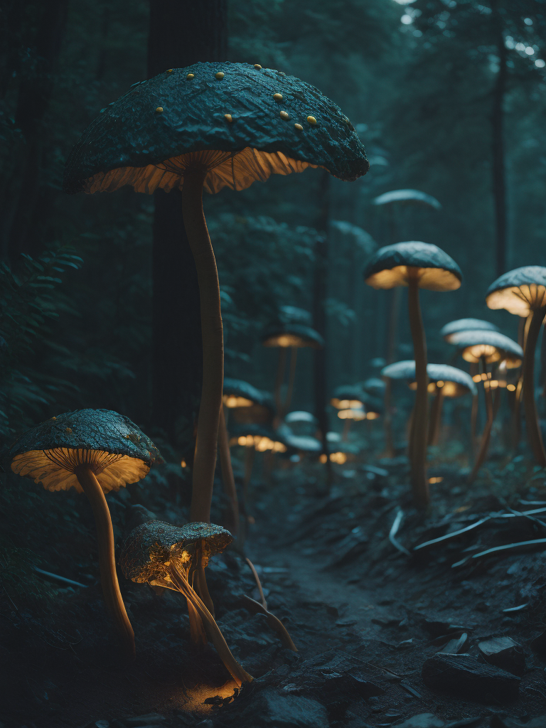 fluorescent mushrooms, psychedelic night, abstract, darkness