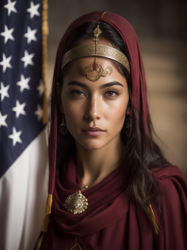 bandera de aspas de borgoña, adelante de la bandera está isabel la católica abrazando y cuidando con una mirada tierna a los indios americanos