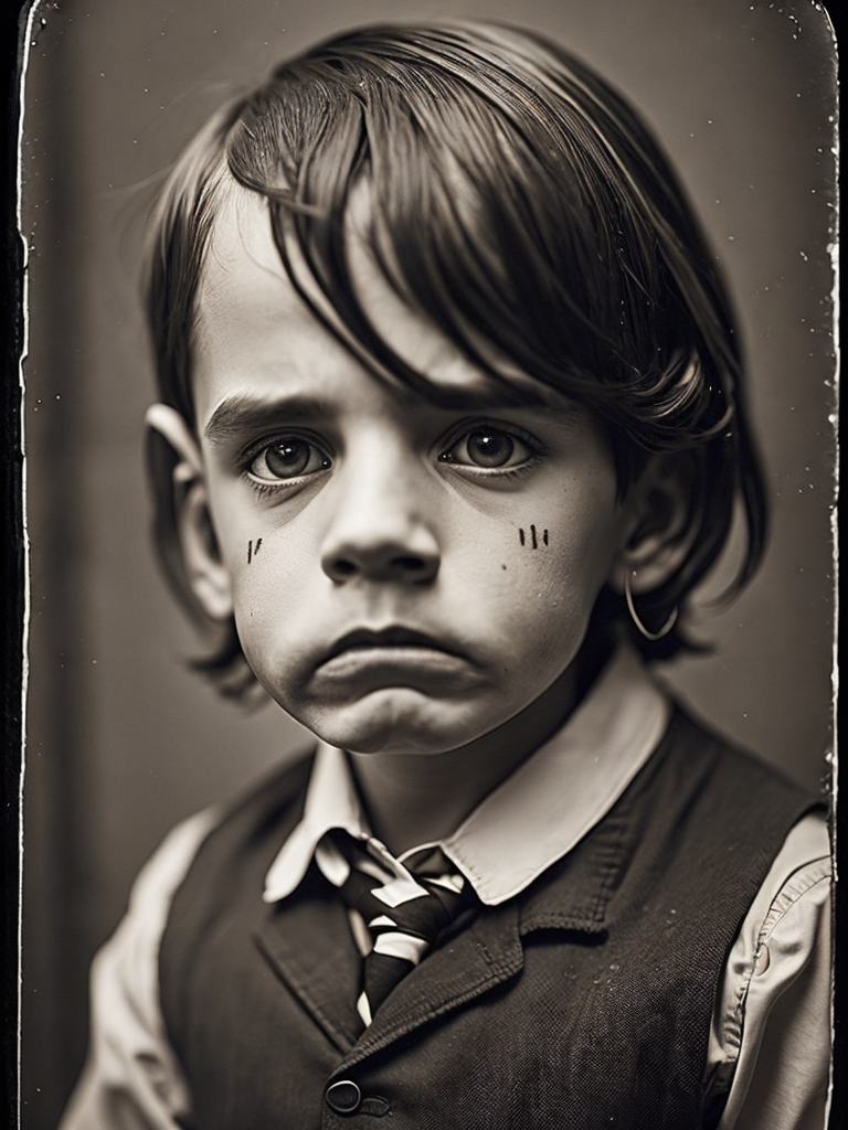 a wet plate photograph of a scary Pinocchio with dark bob haircut, neutral emotions on his face