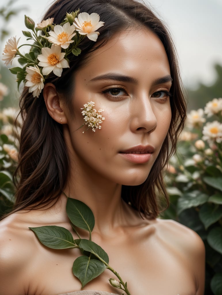 Woman with flowers growing out of skin