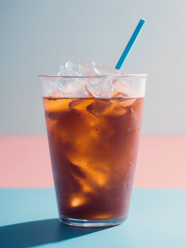 Glass with cold brew coffee and ice and a straw, pink-blue background, sharp on details