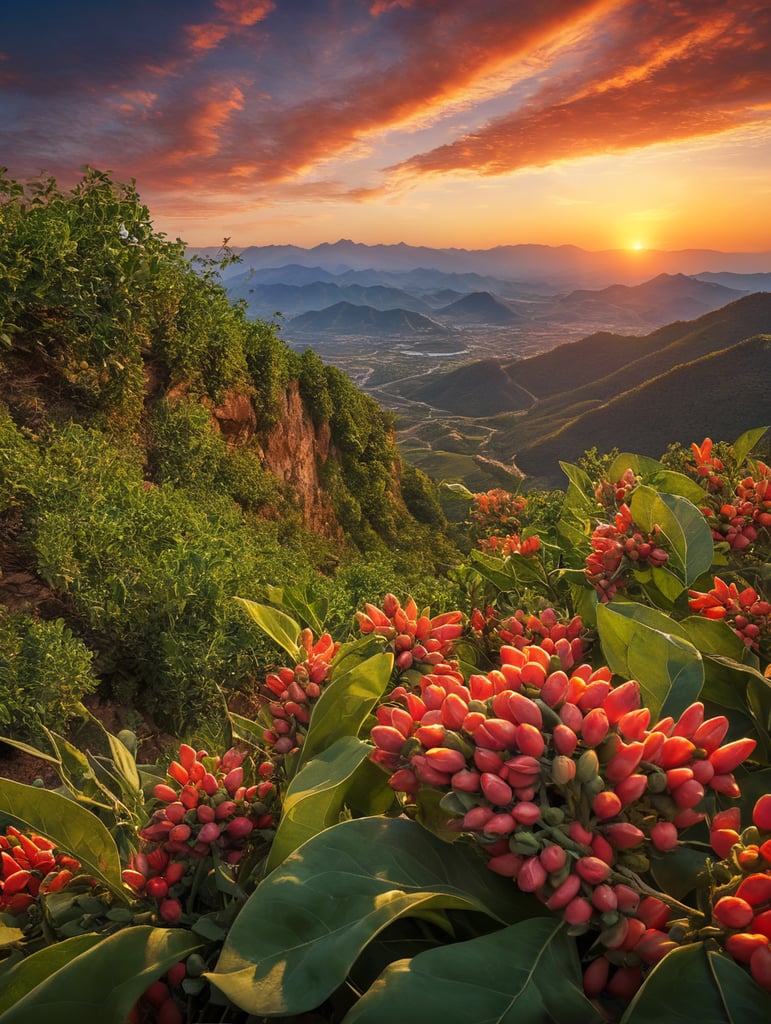 Pigeon Peas, unsharp background with sunset vibrant colors nature art scenic horizon mountain range skyline views artistic beauty colorful scenery nature photography sunset inspiration. (((pigon pea or tuvar beans vegetable on plant)))