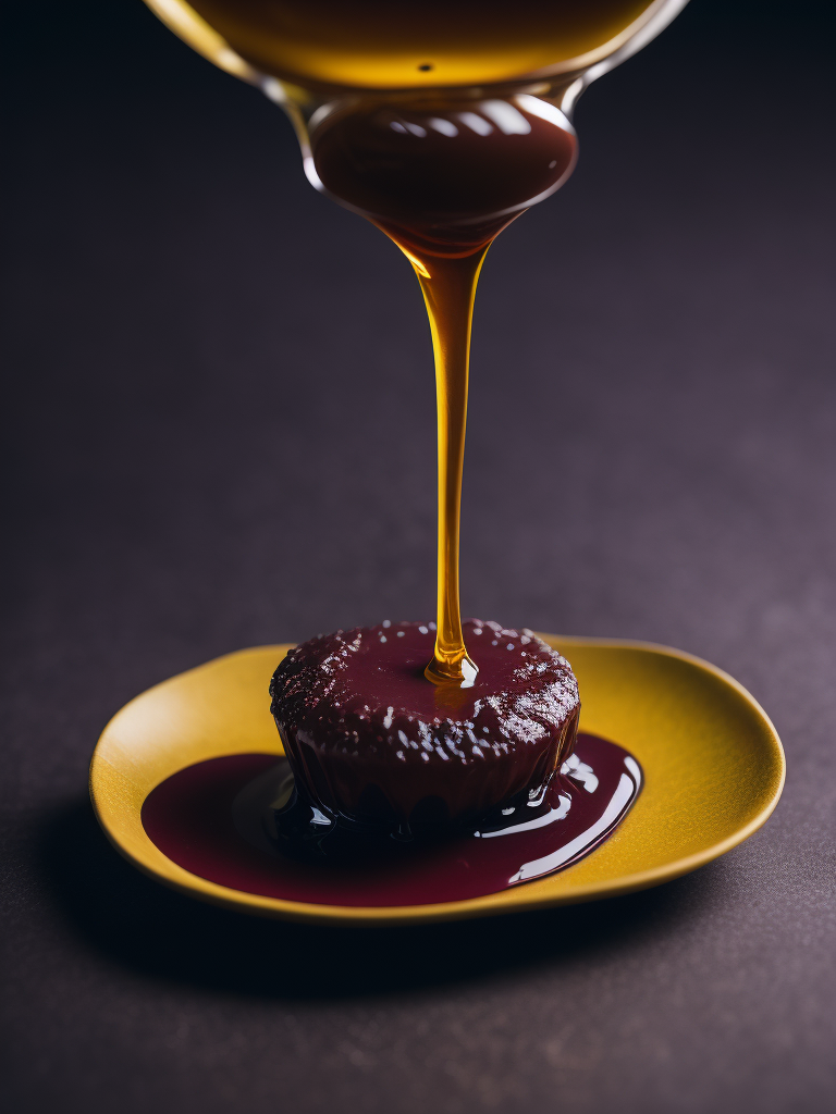 a photo of honey from the wooden spoon going down on the melted chocolate, deep purple background, deep atmosphere