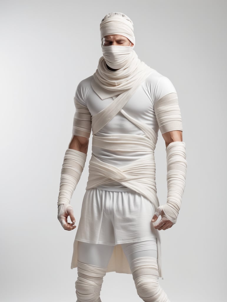 A photograph of man covered in bandages with his arms reached out with realistic style, white background, full body, show hands, show neck and head