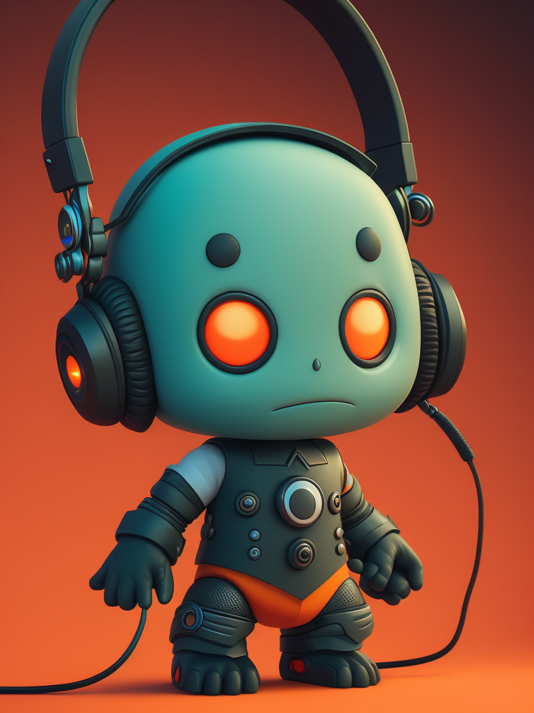 game character monster, a cute monster character with headphone, orange color, funko pop, vibrant gradient background,