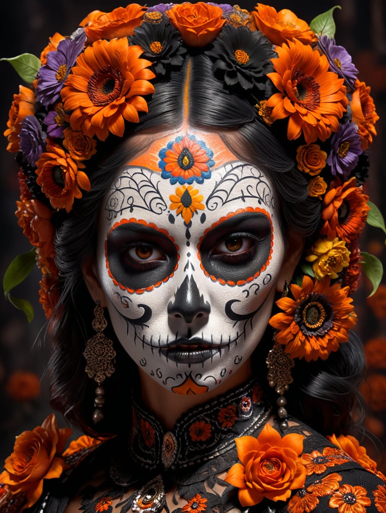 black, burnt orange, mexican, day of the dead make up, flowers 3d style