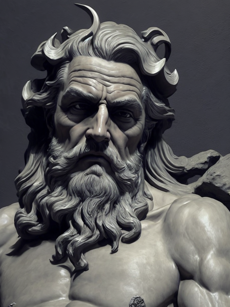 dark marble statue of zeus, dark atmosphere, sharp on details