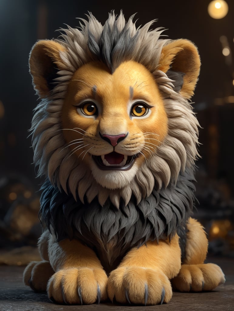 Create a cute and fluffy lion chick with cute eyes, and black hairs looking in front of the camera and smiling in 3d