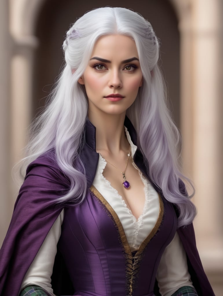 Black haired woman, one strand of white hair like rogue from marvel, 16th century, wizard, purple tartan gown renaissance style strong female character
