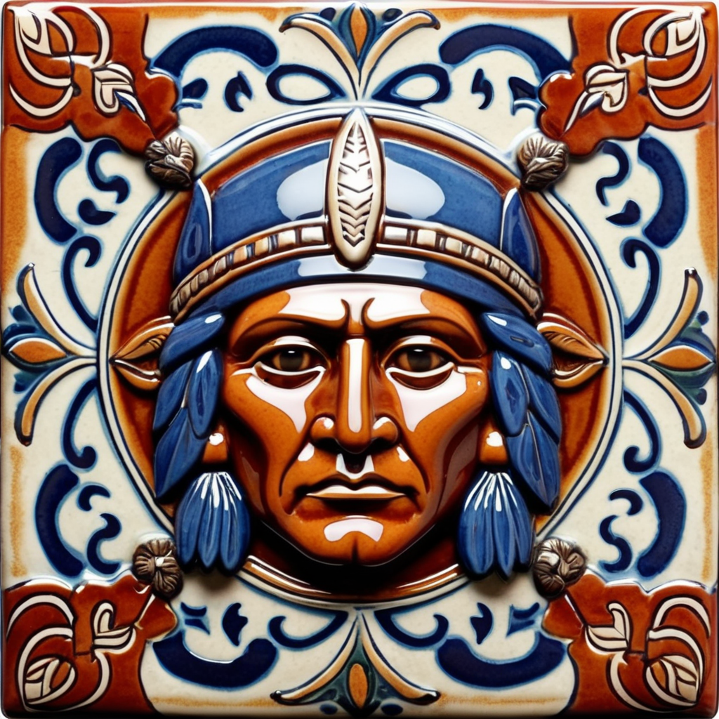 Square ceramic glazed tile with medieval art native American head, Azulejo