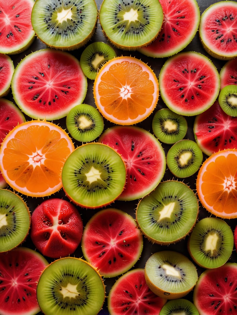 Colorful sliced fruit pieces, top view, watermelon, dragon fruit, kiwi, strawberry