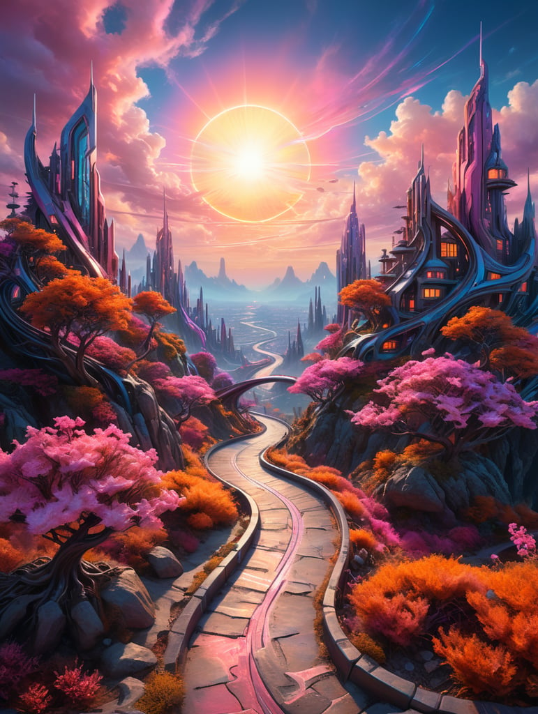 Single bending winding path through colorful pastel futuristic dreamlike cityscape. Orange, pink and violet vegetation. Pink and blue bright sun sky.