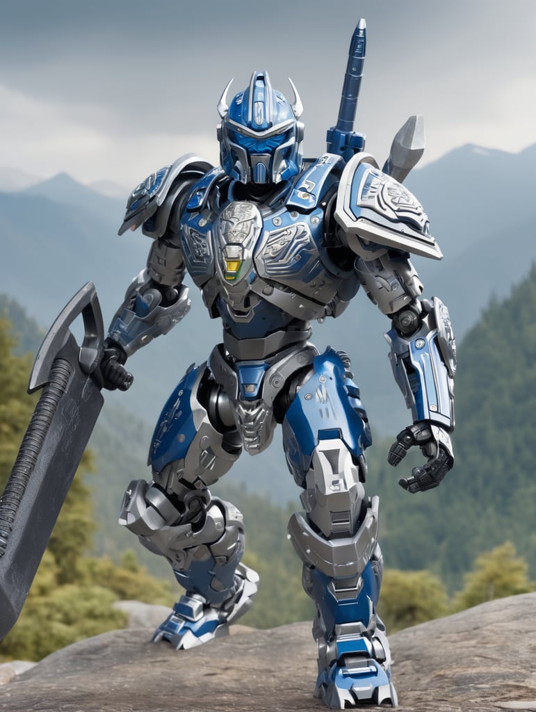 Bionicle, Hewkii, mechanical warrior, wielding axe, striding forward, mountainous background, holding small axe in left hand, shoulder-mounted blaster, heavy armor, pistons, large metal feet, droid, wearing mechanical mask, cyberpunk, hoses running along back