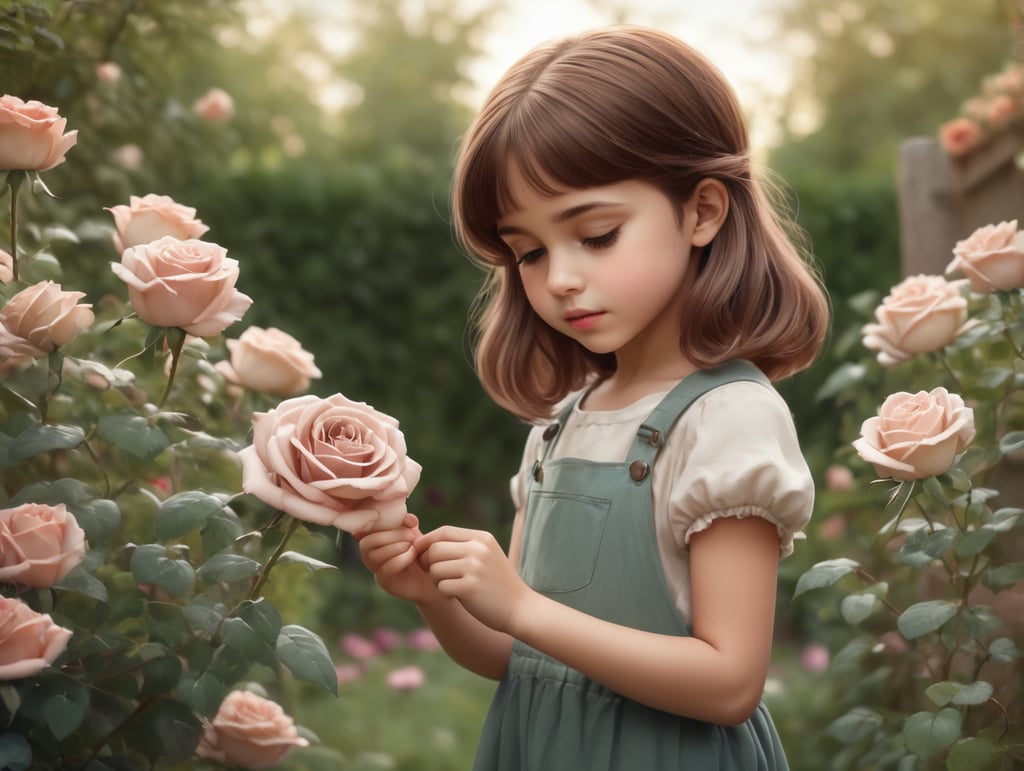 A young 2D girl with brown hair is touching her roses in her garden.