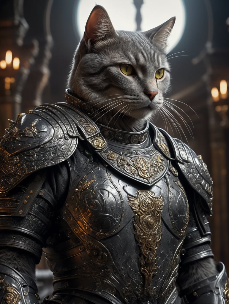 grey cat in a warrior suit