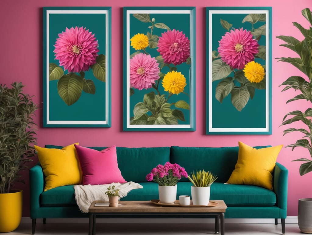 Mockup for two frames of 24x36 in. posters, hanging on a wall painted dark teal color, in a french modern country style livingroom, hot pink sofa and yellow pillows, many plants and flowers, bright livingroom