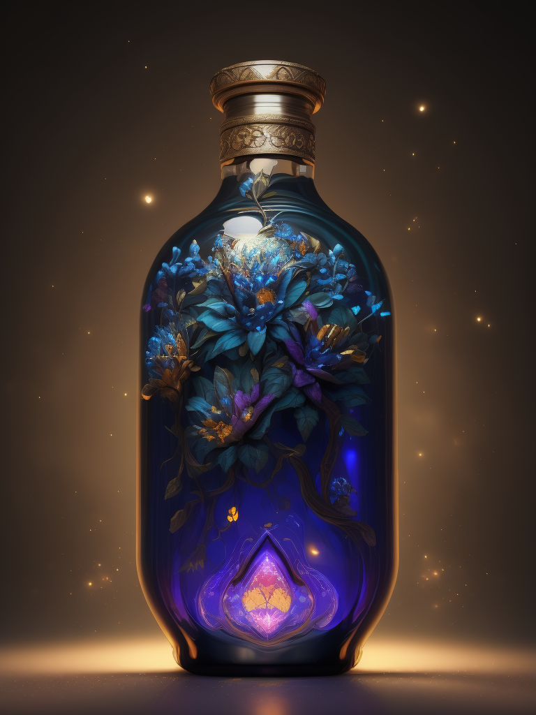 Magic elixir bottle with illuminated liquid, carved glass, decorated with flowers and gems, fairy atmosphere, illumination, dark blue color, smoke