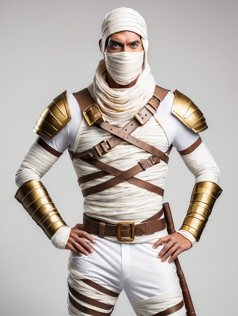 A photograph of mummy costume covered in bandages for a male character with fortnite style, halloween costume, white background, full body