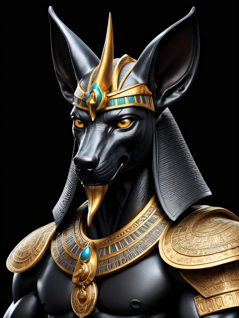 Egyptian god Anubis, portrait, hyper-realistic, dark style, focus on face, sharp on details, black background