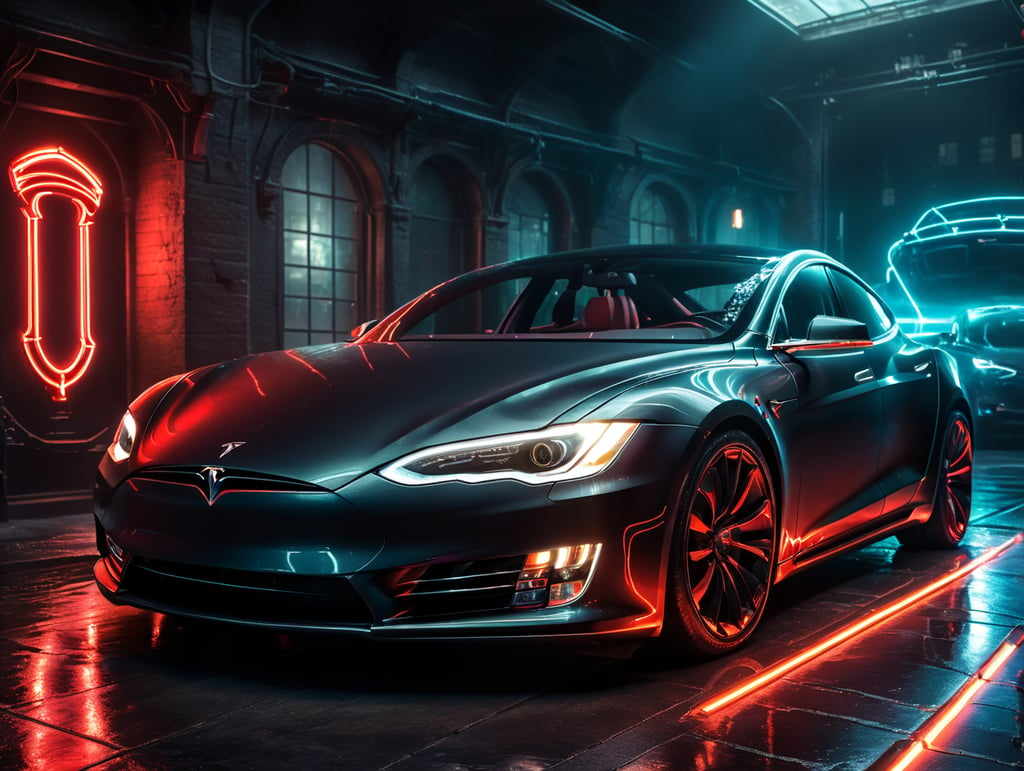 highly detailed, clean, tesla car with neon lights and trails