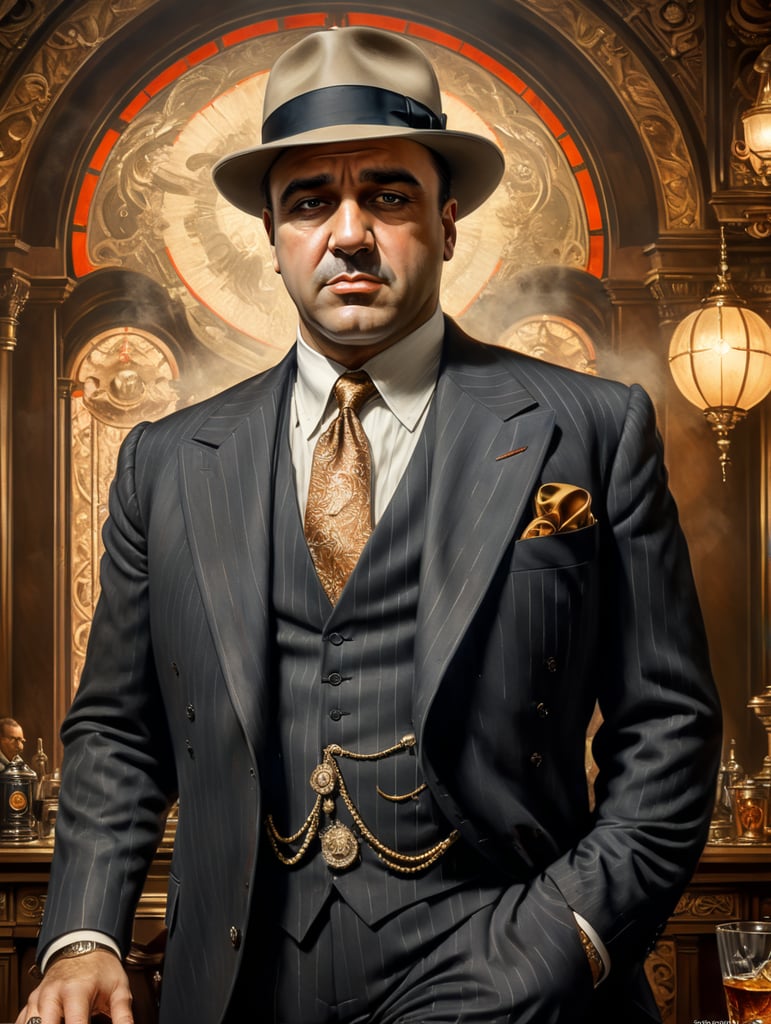 A portrait of Al Capone in his signature pinstripe suit, highly detailed, realistic rendering, vintage sepia tones, digital painting, trending on Artstation, art by Greg Rutkowski, Alphonse Mucha, and Norman Rockwell