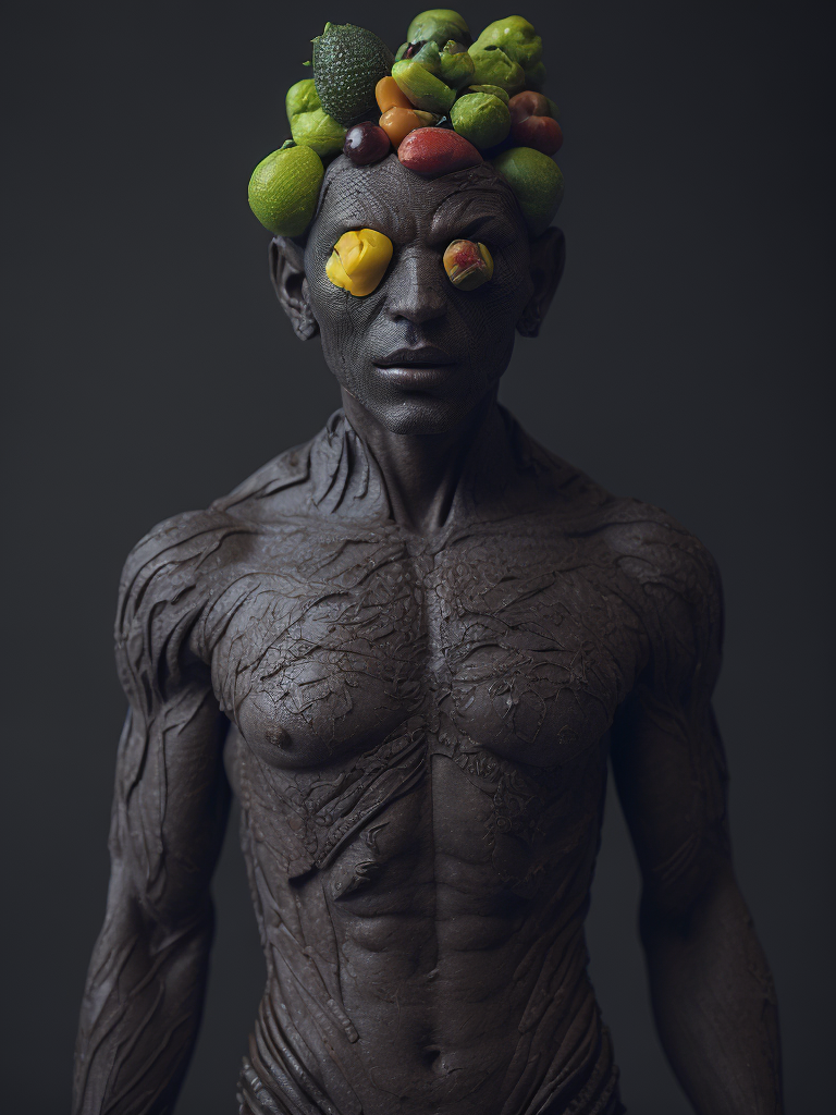 Abstract male humanoid made out of a fruits