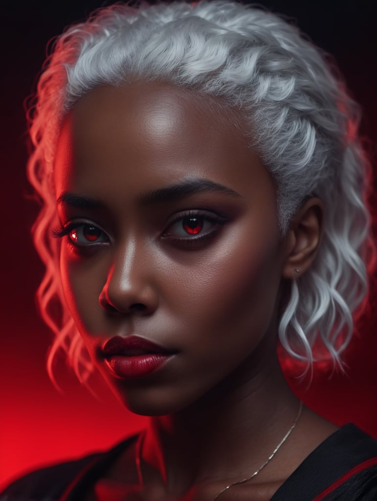 black girl on a red background, red light reflection on her face, White hair