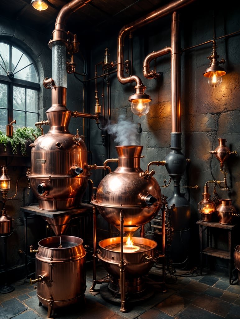 Close-up of a Copper distillation unit alembic, candles on the walls, Dim antique room for whiskey production, herbs and hops, old master sitting on a chair