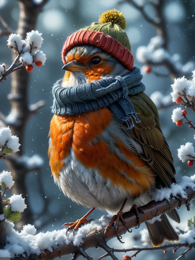 A robin sitting on a snowy branch wearing a woolly hat and scarf