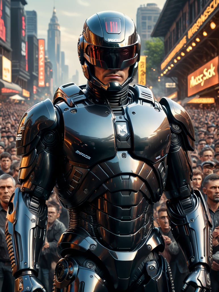 Robocop style graphic designer with mac logo, standing in front of crowd, photo realistic style